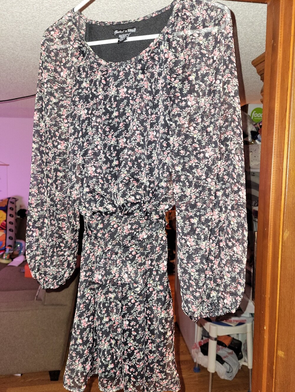 Vanity Rachael & Chloe Black Dress with Red Pink Floral Print - Long Sleeve